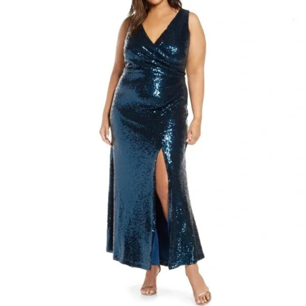 Vince Camuto Navy Blue Plunge V-Neck Side Slit Sequin Long Formal Gown ~ Size 16